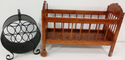 (1) Metal 7-Bottle Black Wine Rack (1) 11" x 26" x 21" Children's/ Doll Wooden Crib
