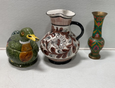 (1) Antique Green Decorative Vase, (1) White Large Decorative Vase, (1) Duck Storage Jar