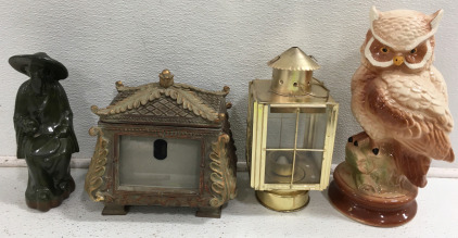 (1) Beautiful Ceramic Owl 12&rdquo; (1) Tealight Lantern (1) Box/Picture Frame (1) Oriental Statue