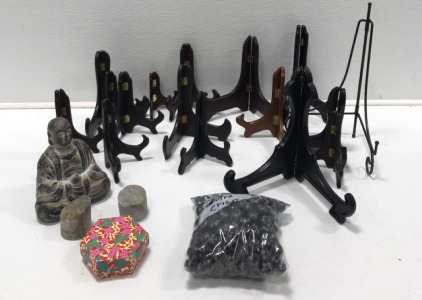 Assorted Book Stands, Buddha Statue, Beads And More