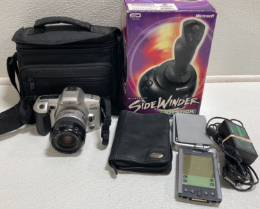 Minolta QTsi Maxxum Camera w/ Carrying Case, SideWinder Joystick, (2) Palm Pilots, Fossil Palm Pilot Holder and Wallet