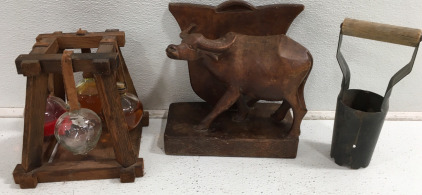 (1) Wood Buffalo (1) Wood Stand With 4 Glass Viles and more!!