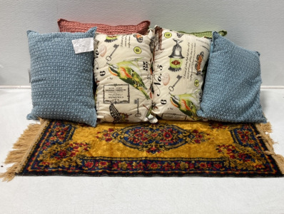 (6) Decorative House Pillows For Couch (1) Decorative Yellow, Black And Red Rug