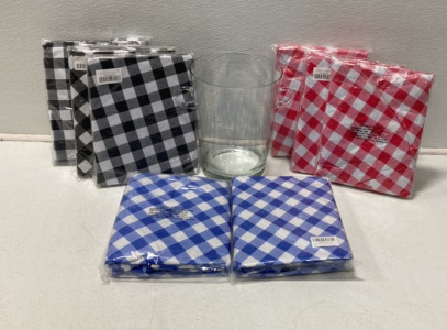 (8) Red, Blue And Black Checkered Tablecloth, (1) Large Vintage Glass Two Handle Bucket