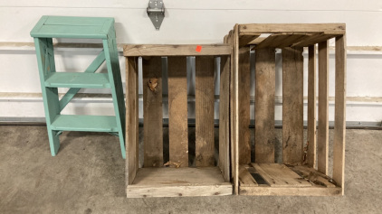 (2) Wood Crates, (1) Painted Wood Step Stool