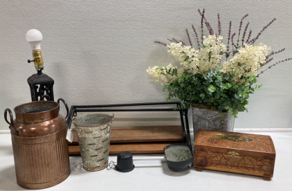 (2) Floating Shelves, Artificial Flowers, Jewelry Box, Decorative Table Lamp, Metal Flower Pots, Suction Mirror