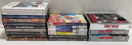 (7) Filmed Concerts, (3) Christmas Music DVDs, (4) Classic TV Collections, Harrison Ford Collection, The Sopranos Season 4, Gene Autry Collection, John Wayne Collection