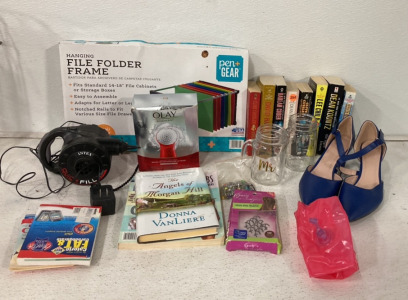 Various Booke, Hanging File Folder Frame, (2) Arm Floaty Blowup, Blue Women&rsquo;s Heels Unknown Size And More