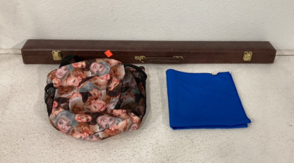 (1) Pool Cue With Box And Chalk Block, (1) Golden Girls Bag And (1) Blue Cloth