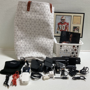 Soft Laundry Basket, Jerry Rice Picture and Book, Stapler, Hole Puncher, Assorted Office Electronics and Cords