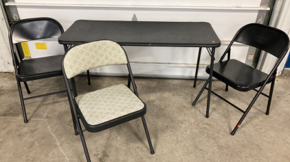 Collapsible Black Table, (3) Metal Folding Chairs