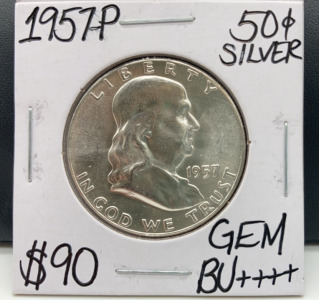 1957-P Gem BU++++ Franklin Silver 1/2 Dollar