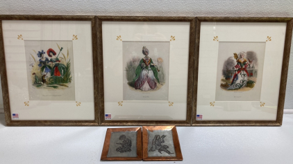 (3) Framed Whimsical French Prints, (2) Embossed Copper Wall Art