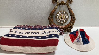 American Flag Blanket, 1984 Olympics Hat, Lyre Wall Clock