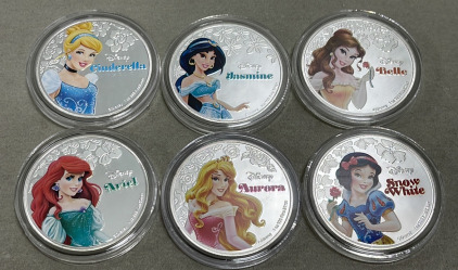 (6) 2020 Disney Princess Silver Plated New Zealand Elizabeth II Collectible Coin Set… Snow White, Cinderella, Jasmine, Belle, Ariel, Aurora