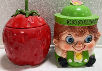 (1) Strawberry Cookie Jar, (1) Raggedy Andy Cookie Jar