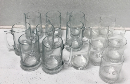 (8) Glass Beer Mugs, (8) Glasses