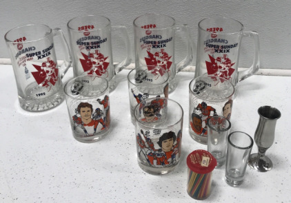 (4) Glass Super Bowl Mugs, (4) Football Glasses, Mini Shot Glasses