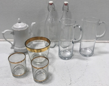 Tea Pot, ( Glass Pitchers, (2) Glass Bottles, (2) Gold Rim Cups And Matching Bowl