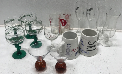 Assorted Wine, Champagne, Martini, Margarita Glasses, (2) Coffee Mugs