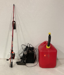 (1) 5 Gallon Gas Can, (1) Tebco All Pro Spinning Fishing Rod, (1) Lectrosonics Voice Amp And Microphone