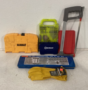 (1) XL Wells Lamont Leather Gloves, (1) 40 Pc Combination Tap And Die Set, (1) Ryobi Drill Bit Set, (1) Kobalt Speed Fit Set, (1) DeWalt Ratcheting T Handle Hex Key Set, (1) Screwdriver Drill Wrench Torx Security Bit Set, (1) Century 12’’ Hand Saw