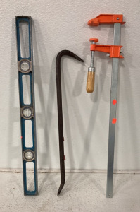 (1) 28’’ Tru-Test Bubble Level, (1) Vintage 24’’ Crowbar, (1) Bessel Clutch Style Bar Clamp And More