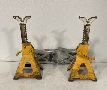 (2) Wilmar 3 Ton Yellow Jackstands, (2) Metal Unknown Branded Wheel Chocks