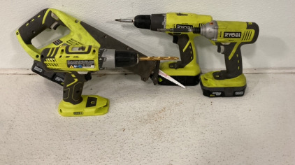 (1) Battery Powered Ryobi P234G Impact Driver, (1) Ryobi P515 18V One+ Cordless, (1) Ryobi P208B Drill, (1) Ryobi P209 18 V Drill Driver Bare Tool