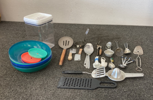 Kitchen Utensils (Spoons, Storage Container, Measuring Spoons, and More)