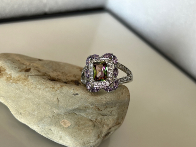 Silver Plated Ring with Mystic Quartz Colored Center Stone