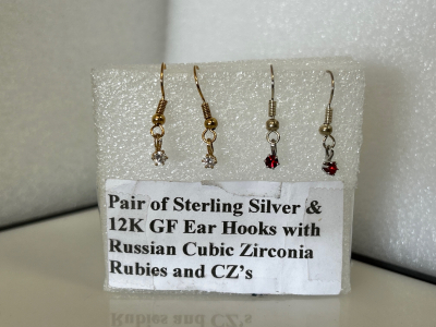 Sterling Silver & Gold Plated Hook Earrings with Russian CZ Rubies and Clear CZ