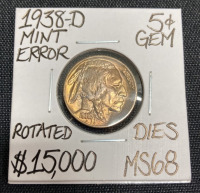 1938-D MS68 RARE Mint Error Buffalo Nickel
