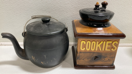 (2) Vintage Cookie Jars: (1) Black Kettle, (1) Antique Style Coffee Grinder