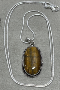 (1) Tiger Eye Jasper Wrapped Gemstone Pendant W/ .925 Necklace