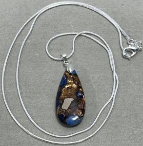 (1) Blue/Gold Sea Jasper Gemstone Pendant W/ .925 Necklace