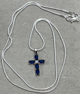 (1) Blue Sapphire Cross Pendant W/ .925 Necklace