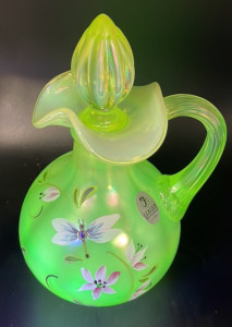 7&rsquo;&rsquo; Fenton Hand Painted Uranium Dragonfly Glass Cruet Decanter
