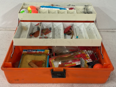 Orange Tackle Box With Bait, Bobbers, Fishing Knife And More