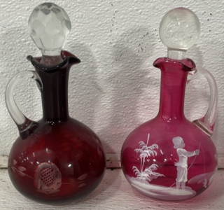 (2) Hand Painted/Etched Unique Glass Cruet Decanter