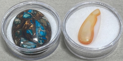 (1) 60.70ct Sea Sediment Jasper & Gold Copper Stone Cabochone, (1) 21.75ct Red Onyx Teardrop Gemstone Cabochon