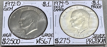 (1) 1972-D Eisenhower Dollar Coin, (1) 1974-S Eisenhower Dollar Coin. Both Are Carded