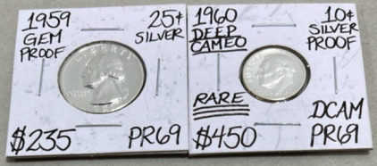(1) 1959 25 Cent Coin, (1) Rare 1960 10 Cent Coin. Both Are Carded