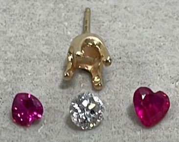 (1) Small Carat Round Cut And Faceted Diamond Earing Seperated, (2) Small Heart Cut, And Faceted Rubies