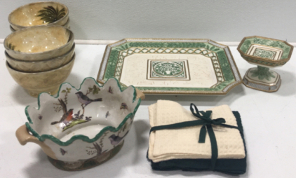 (6) Bowls, Wash Cloths, Serving Tray With Matching Stand And More