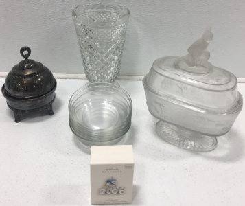 Crystal Vase, Silver Plated Bowl And Lid, 2008 Keepsake, Glass Bowls And More