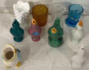 (6) Unique Vintage Glass Bird House Decorations, (4) Vintage Glass Shot Glasses