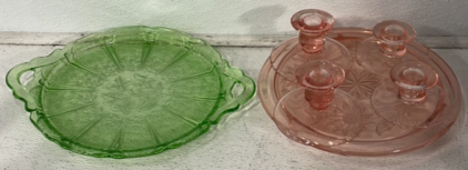(2) Vintage Glass Serving Platters, (4) Vintage Pink Glass Candle Stick Holders