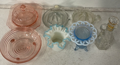 Various Pieces Of Vintage Glass Including Cruet Decanter, Juicers And More