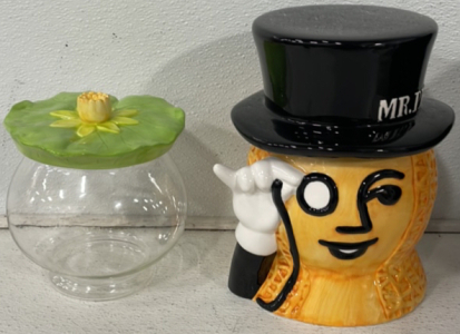 (1) Vintage Mr. Peanut Ceramic Cookie Jar, (1) Hard Plastic Clear Cookie Jar With Ceramic Leaf Top